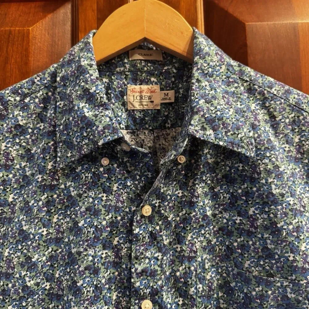 J.Crew Secret Wash Floral Button Down Cotton Shirt Blue Green Classic Fit Medium